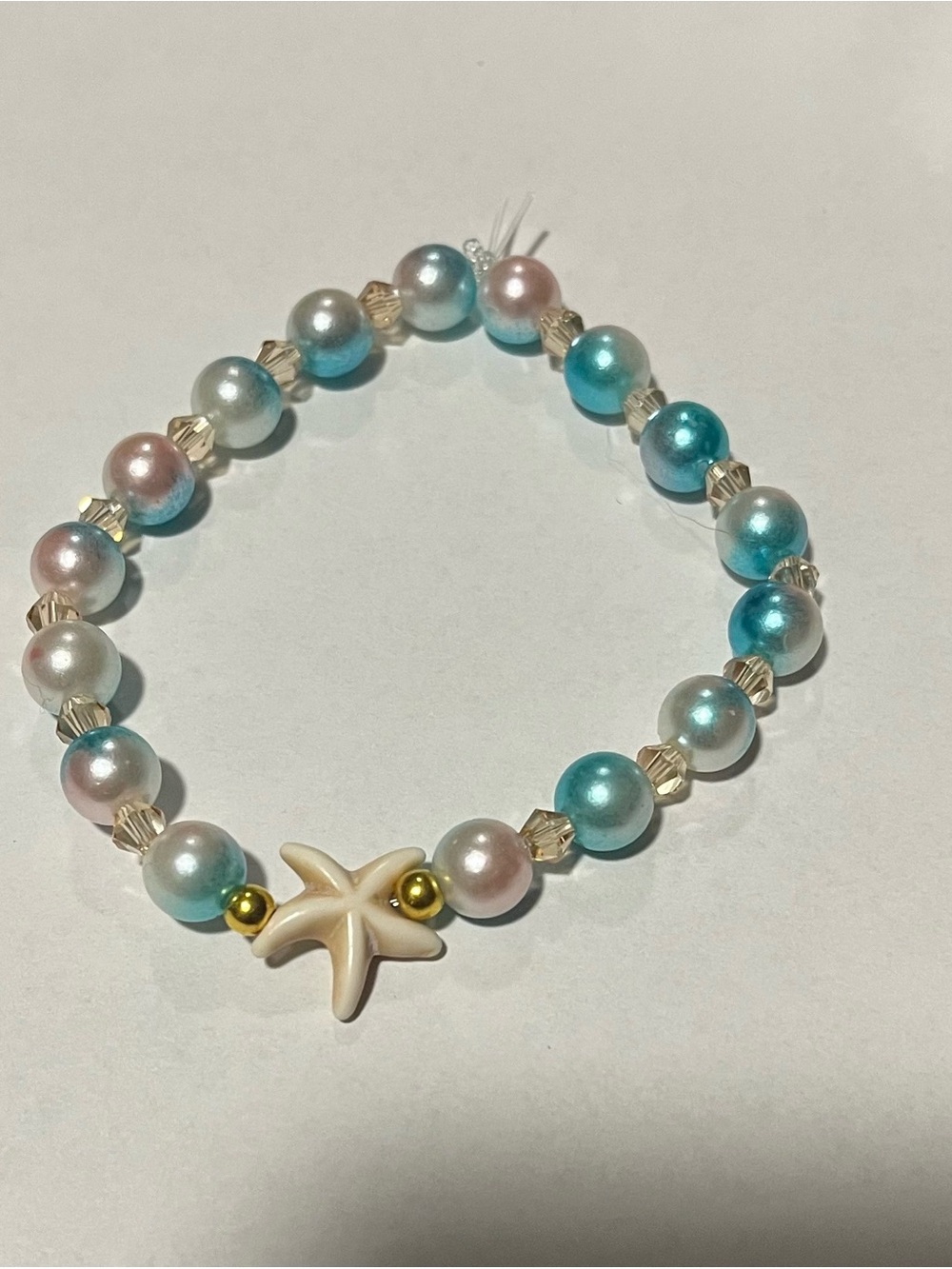 Sea Star Beaded Stretch Bracelet - Blue, cream & Pearl